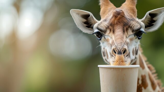 A captivating image of an inquisitive giraffe sipping from a paper cup, creating a blend of curiosity and humor in an unexpected natural setting and showcasing animal behavior.