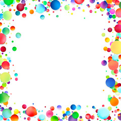 A vibrant border of multi-sized, translucent bubbles in varying shades of red, blue, green, yellow, and orange, against a white background.