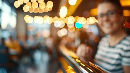 A person is relaxing at a vibrant and lively social venue, surrounded by the warm, ambient lights of the setting, creating a welcoming atmosphere for social interactions.