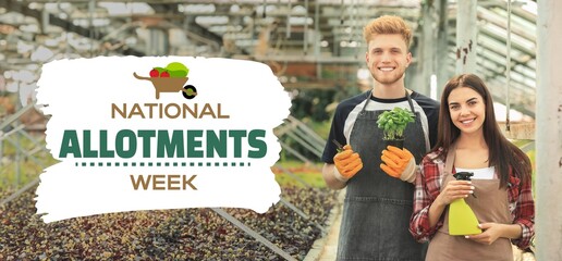 Banner for National Allotments Week with young gardeners in greenhouse