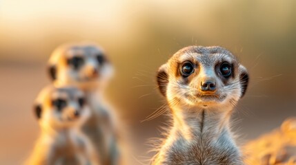 Fototapeta premium A scene showing meerkats standing attentively with a blurred backdrop, creating a natural and captivating focus on their alert expressions. The image highlights their social behavior.