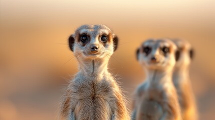 Obraz premium The image features meerkats in their natural habitat, with clear focus on the leader. The photograph captures the essence of their social structure and watchfulness in the wild.