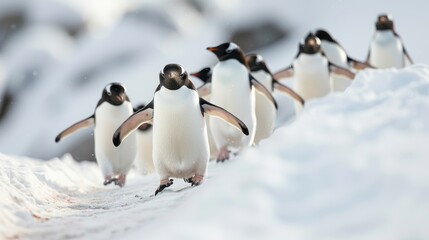 Obraz premium A group of penguins marching together on a snowy surface, showing their unity and natural behavior in a cold, wintry setting under bright daylight.