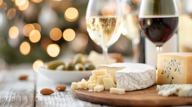 A festive scene featuring a variety of gourmet cheese paired with red and white wine glasses, olives, and flickering holiday lights in the background. - Powered by Adobe
