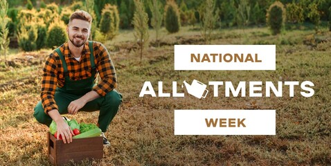 Banner for National Allotments Week with young male gardener with harvest in garden