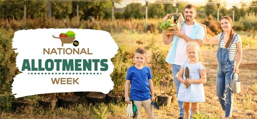 Banner for National Allotments Week with young family with harvest in garden