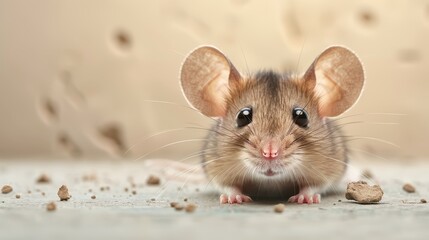 A tiny mouse with large round ears and bright eyes looks curiously into the camera, capturing a moment of innocence and the endearing nature of small creatures.