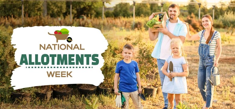 Banner for National Allotments Week with young family with harvest in garden