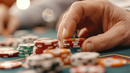 Fototapeta premium A close-up shot of a hand arranging poker chips on a casino table, capturing the intensity and thrill associated with gambling and high-stakes games.