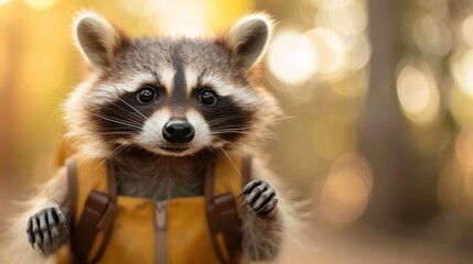 A friendly raccoon in a forest is wearing a yellow backpack, seemingly ready for an adventure, with a delightful background giving an autumnal, dreamy feel.