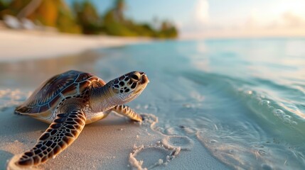 Obraz premium A beautiful sea turtle rests on the sandy beach with gentle ocean waves in the background, illustrating serenity, nature, and the beauty of marine life.