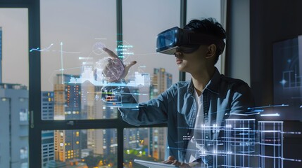 Young man using VR headset in a modern office, interacting with digital data.