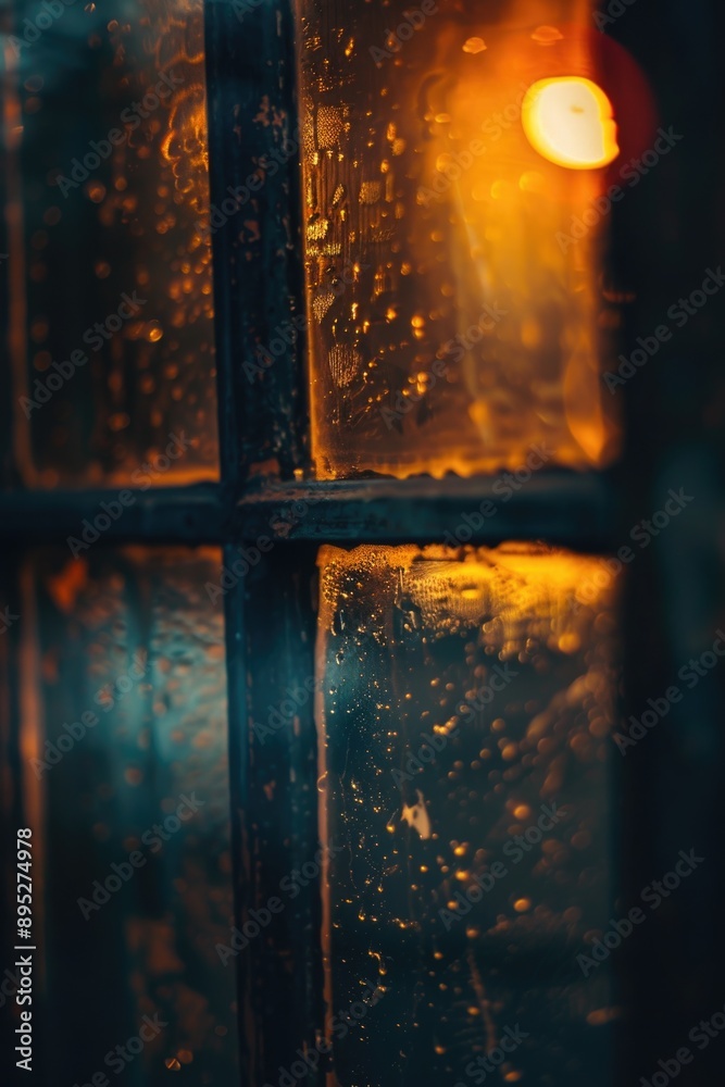 Poster a rainy window with water droplets and streaks, great for background or texture use