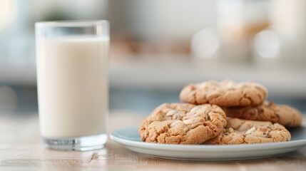 Bright and inviting room with a plate of chocolate chip cookies paired with a glass of milk, depicting a delightful and refreshing snack time ambiance in a homely environment.