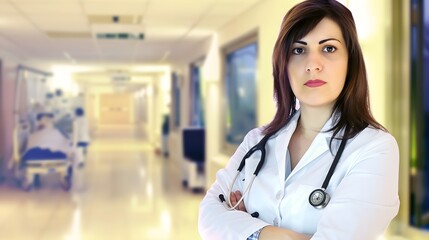 Female doctor standing in a hospital hallway.