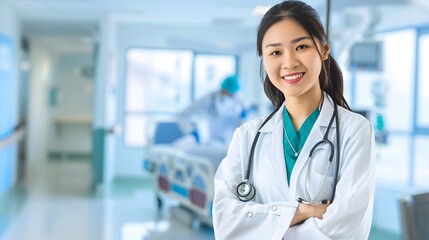 Smiling female doctor with a stethoscope in a hospital setting.