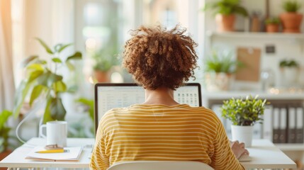 An individual with curly hair, seen from behind, works on a laptop in a cozy home office space filled with plants, highlighting a productive and serene environment.
