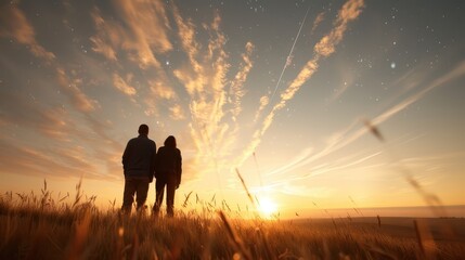 Fototapeta premium A man and woman standing side by side in a field, admiring a vivid sunset. The striking sky and shared moment symbolize hope, companionship, and appreciation of nature.