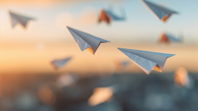 Multiple paper airplanes are flying across a serene sunset sky, symbolizing freedom, creativity, and the simplicity of youthful imagination in an abstract context.