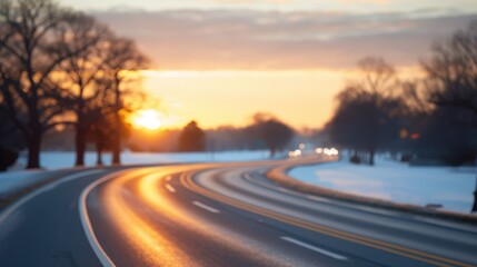 Fototapeta premium This image portrays a long winding road at sunset, with trees on both sides, casting a warm glow and serene vibe, representing the journey and peaceful endings.