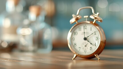 A close-up photograph of a classic gold alarm clock resting on a wooden surface in an indoor setting, showcasing a blend of timeless design and functionality.