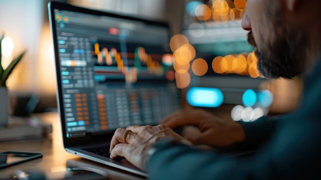 A man focuses on his laptop with a stock market data interface, showcasing stock graphs and information, embodying financial analysis, modern trading, and the business world.