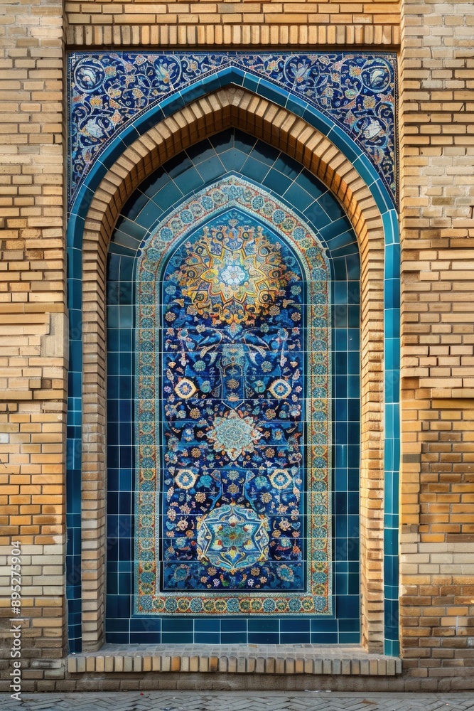 Poster a decorative tiled wall with a large window, perfect for architecture or design inspiration
