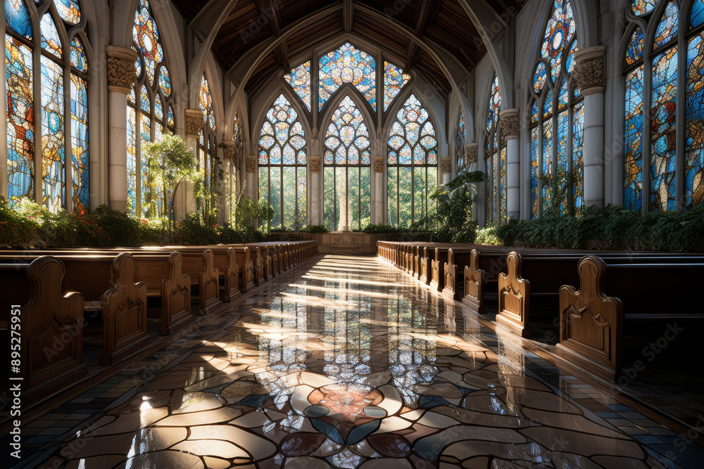 Poster an empty church nave illuminated by stained glass windows, suffused with an aura of sacred silence. 