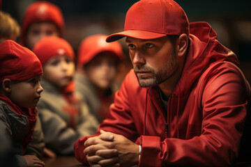 A father coaching his child's little league team, leading by example and instilling values of perseverance. Concept of sportsmanship and leadership. Generative Ai.