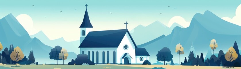 Naklejka premium A serene illustration of a white church nestled among tranquil mountains, surrounded by nature's peaceful beauty.