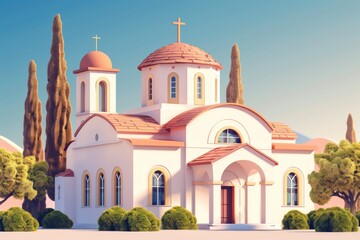 Fototapeta premium A stunning architectural depiction of a church with a serene landscape, showcasing traditional design and vibrant colors.
