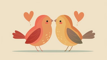 Obraz premium Cute illustrated birds in love with hearts above them, perfect for expressing affection or romance in design projects.