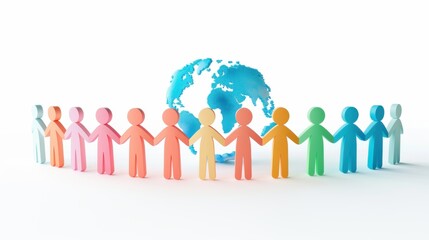 Fototapeta premium Colorful people figures holding hands around a globe, symbolizing unity and global connection in a diverse world.
