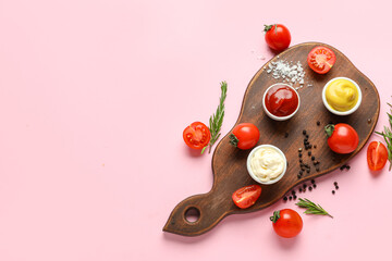 Board with bowls of different sauces, vegetables and seasoning on pink background