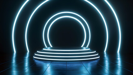 Obraz premium 3D futuristic neon lit podium, Futuristic neon podium scene template for product presentation with abstract geometric backdrop, realistic modern product mockup