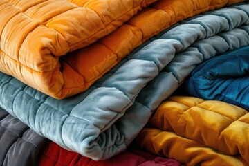Obraz premium Soft blankets in a variety of colors. This image can be used to advertise a cozy, warm, and comfortable bed for a hotel or bedroom.