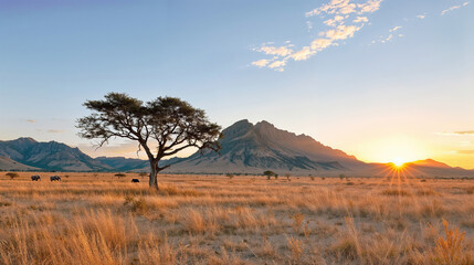 Fototapeta premium African Savanna Sunset With Mountains