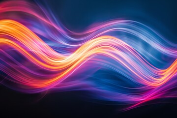 Obraz premium Colorful abstract light streaks creating a vibrant and dynamic wave pattern on a dark background, perfect for modern designs and technology themes.