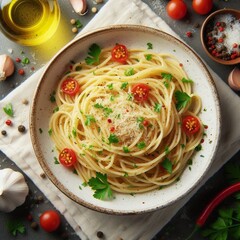 Prato de macarronada espaguete com folhas de manjericão, tomate cereja picado, molho de tomate e alho na tigela.