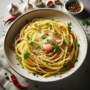 Prato de macarronada espaguete com folhas de manjeric&atilde;o, tomate cereja picado, molho de tomate e alho na tigela.