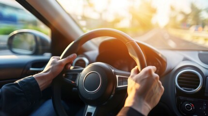 Close-Up of Hands Gripping Steering Wheel in a Car