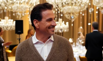 Medium shot portrait video of a satisfied man in his 50s that is wearing a chic cardigan against a charity gala event with auction and celebrities background