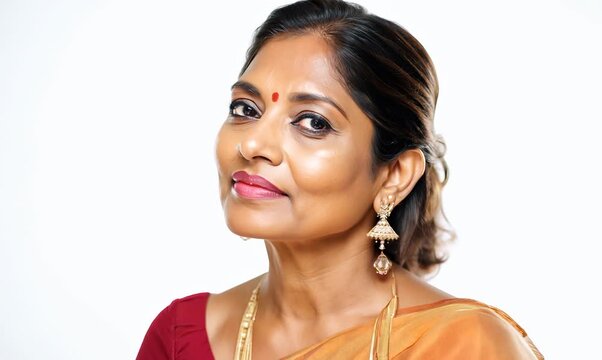 Medium shot portrait of an Indian woman in her 50s against a white background