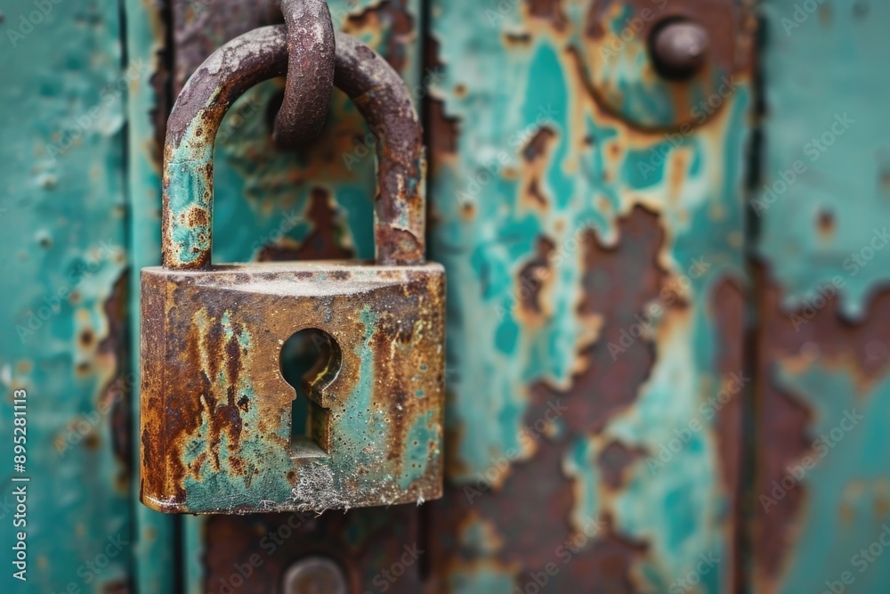 Poster Close-up photo of a rusty padlock on a door with intricate details