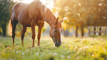 Naklejka premium Horse grazing on farm with green grass background Premium image