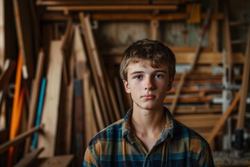 Obraz premium Portrait of a young Caucasian male carpenter in workshop