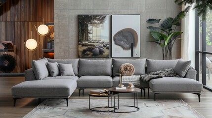 Modern living room with grey sofa, coffee table, and evening lamps