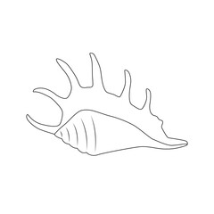 Black and white silhouette of seashell isolated on white background. Monochrome outline drawing. Vector illustration. Design element for coloring, cards, printing, packaging, invitations, advertising.