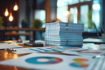 Collection of graphs and analytics charts on office desk