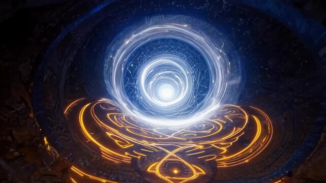 A magical and mysterious vortex of glowing energy hidden within a secret underground chamber.
